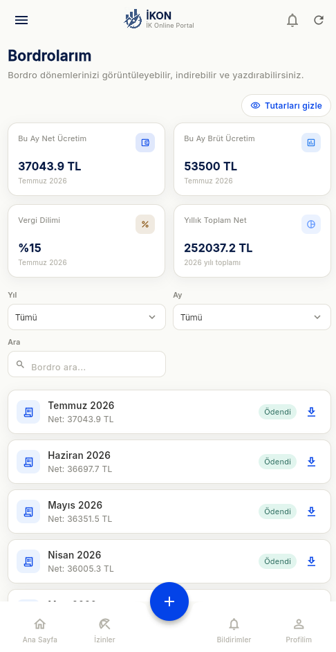 Bordro listesi ve dönem özeti (mobil).